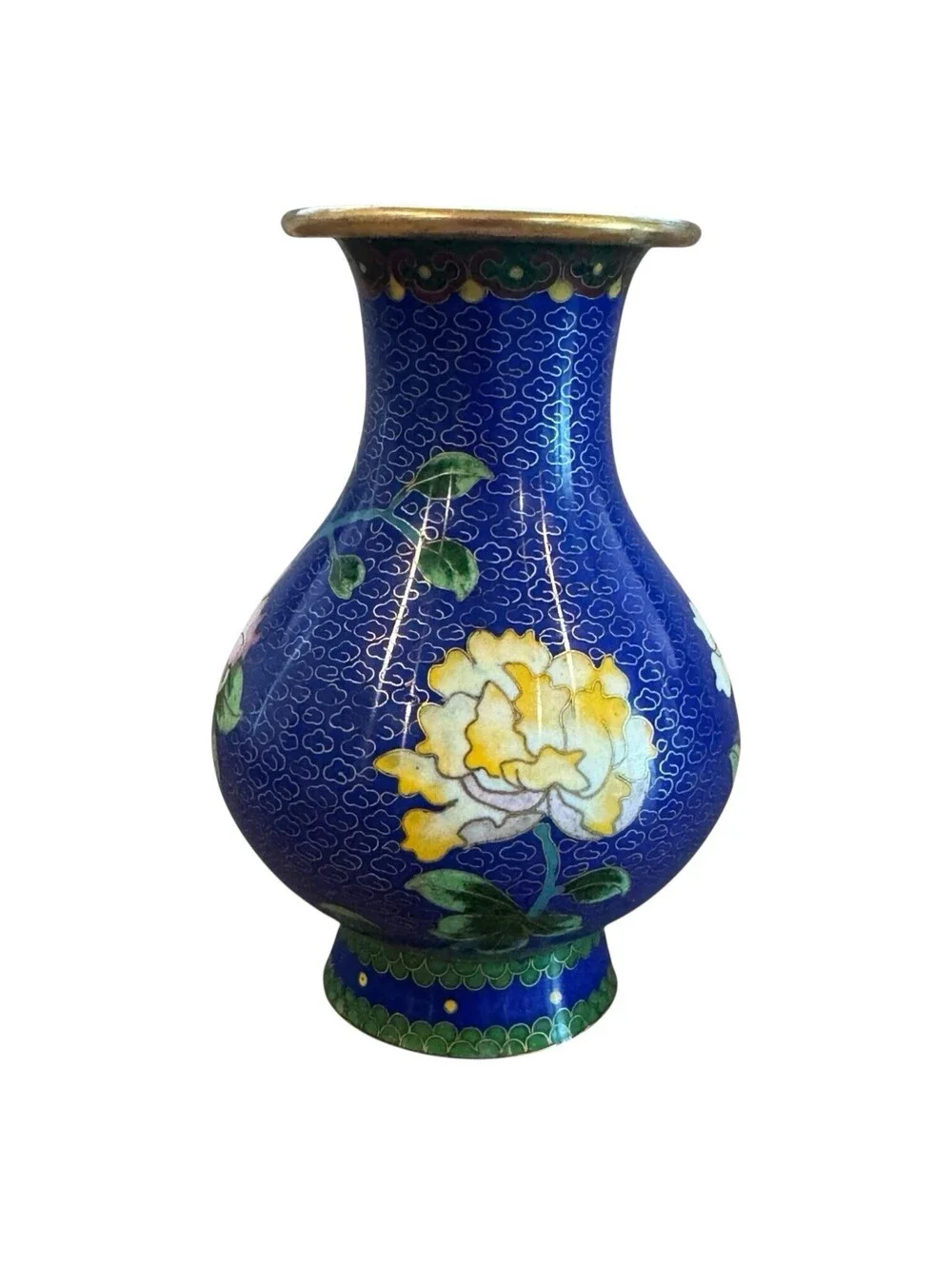 Vintage Chinese Cloisonné Vase Blue Enamel Floral Brass 6 Inch Decorative
